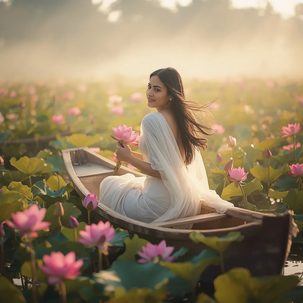 A Dreamy Ethereal Woman in a Lotus Boat – saree look ai prompts – AI generated example
