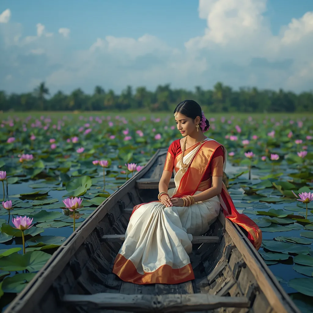 A Graceful Woman's Traditional Journey on a Lotus Lake – saree look ai prompts – AI generated example