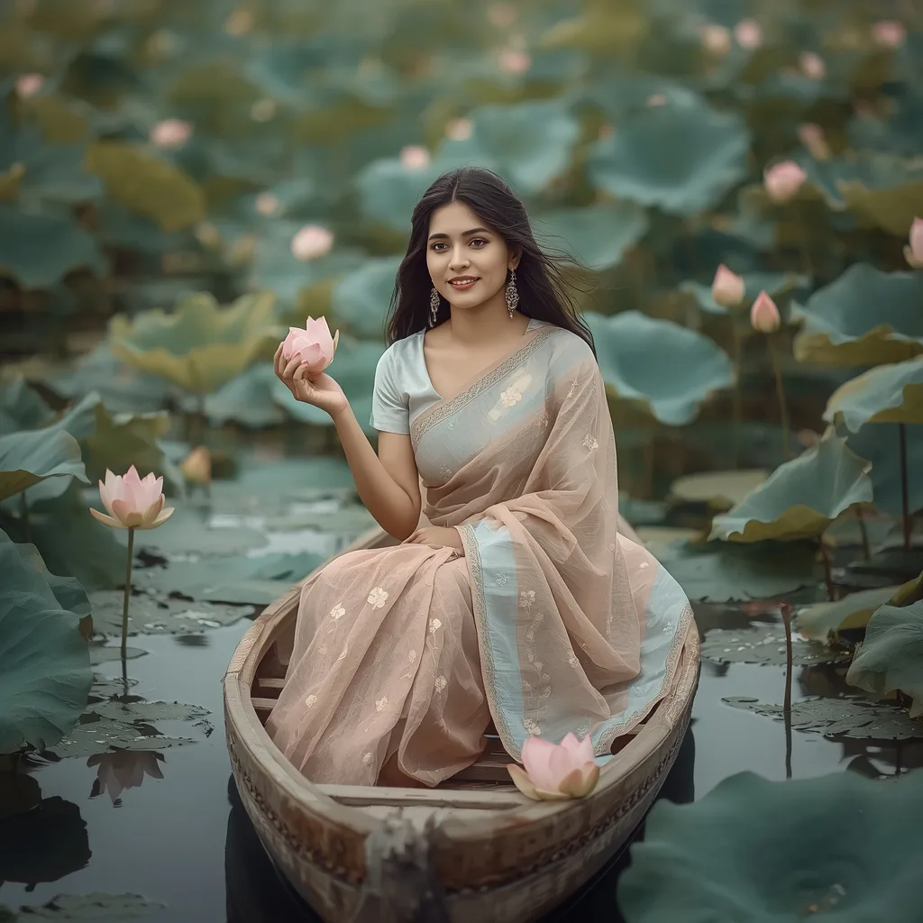 A Graceful Young Woman's Dreamy Lotus Lake Portrait – saree look ai prompts – AI generated example