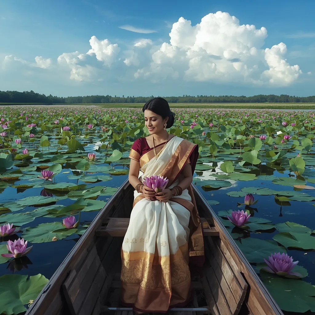 A Gracious Woman in Saree on a Lotus Lake – saree look ai prompts – AI generated example