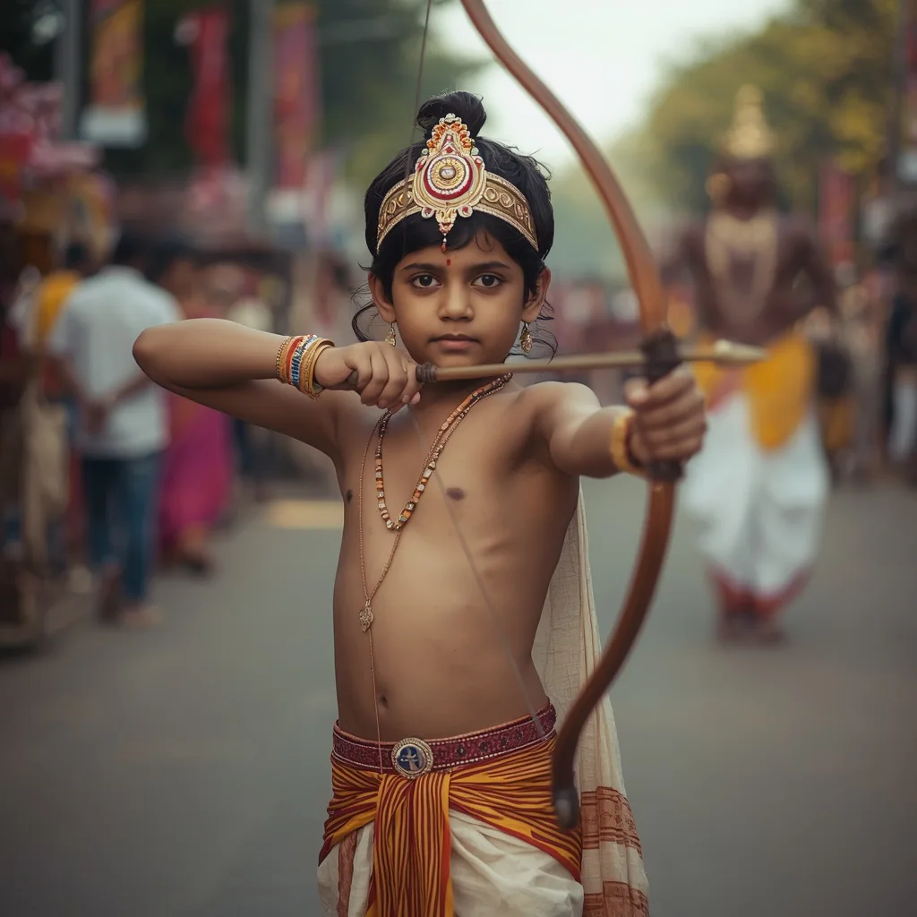 Archery of Virtue: A Young Boy Dressed as Lord Rama for Dussehra – cool boy's ai prompts – AI generated example