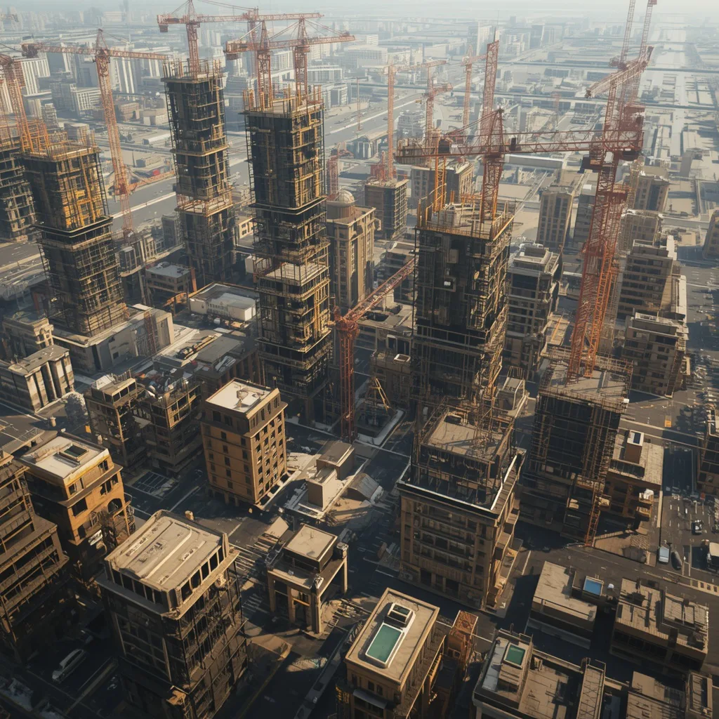 Autonomous Mega Construction Swarm Civilization With Self Building Infrastructure System – neon-lit rainy ai prompts – AI generated example