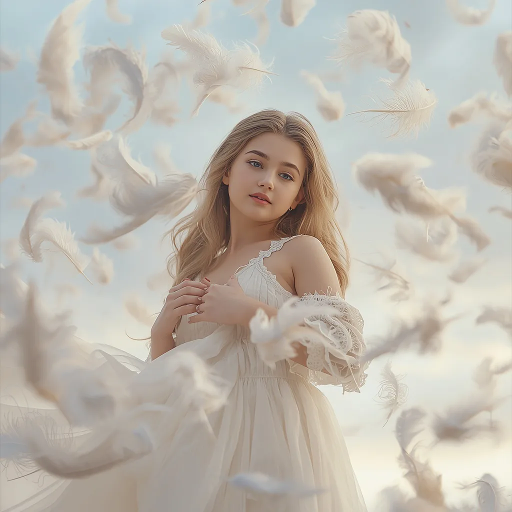Beautiful Girl: Single Shot with Ethereal Floating Feathers – artistic girls ai prompts – AI generated example