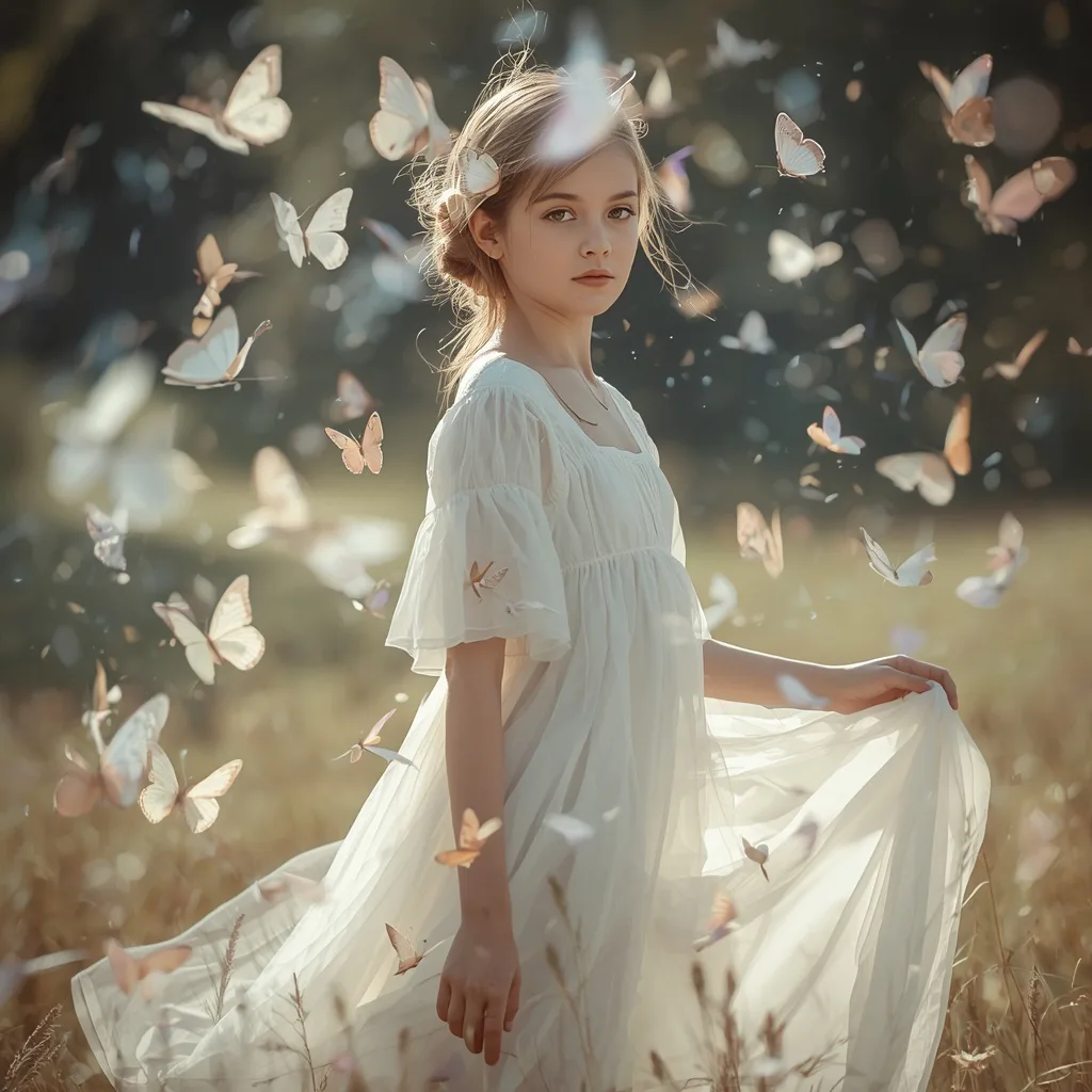 Beautiful Girl: Solo Shot with Ethereal Butterfly Swirls – artistic girls ai prompts – AI generated example