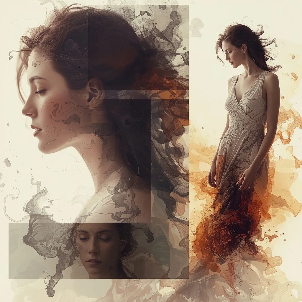 Beautiful Woman in Abstract Ink Flowing Reality Collage – sci-fi fantasy ai prompts – AI generated example