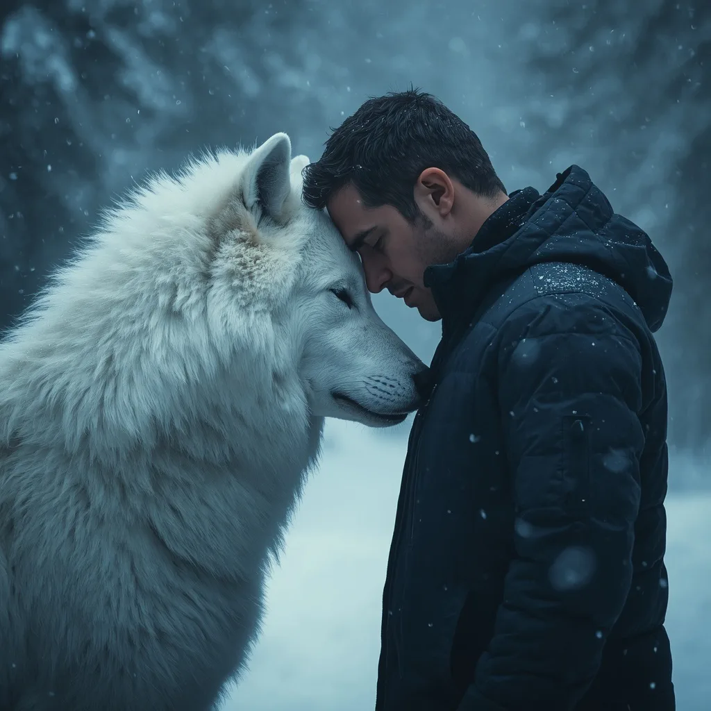 Cinematic Emotional Portrait of a Man and White Wolf in Snow – influencer men's ai prompts – AI generated example