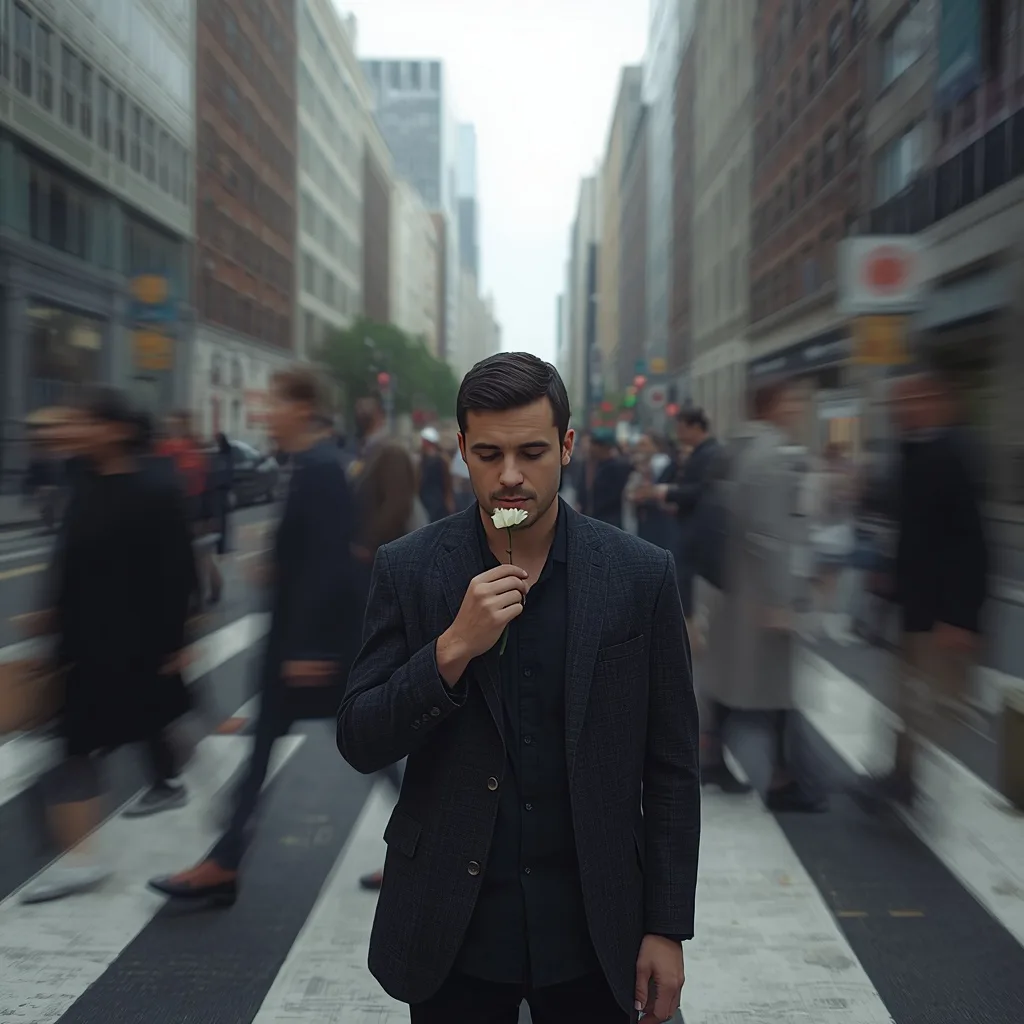 City Stillness: Smelling a Flower in Motion Blur – aesthetic geometric ai prompts – AI generated example