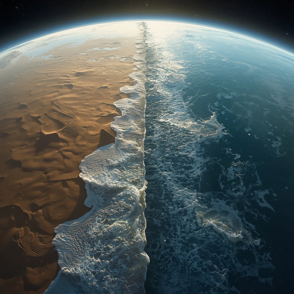 Cosmic Desert Ocean Hybrid Planet With Sand Water Fusion Energy Cycles – neon-lit rainy ai prompts – AI generated example