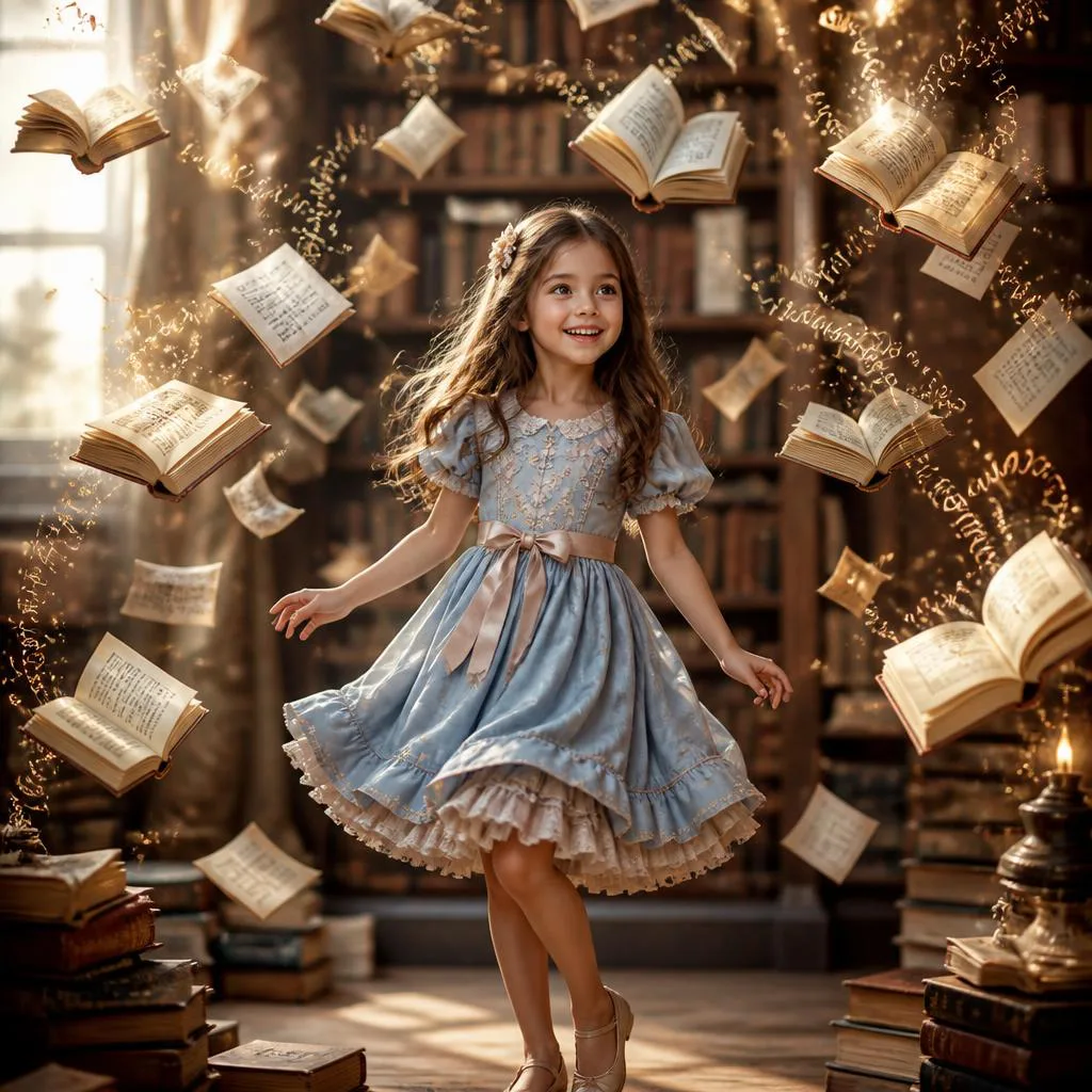 Cute Girl: Solo Shot with Whimsical Flying Books and Stories – artistic girls ai prompts – AI generated example