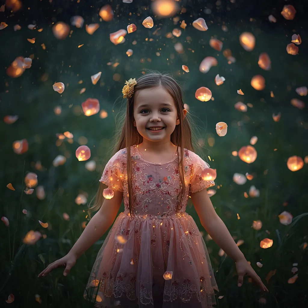 Cute Girl: Solo Shot with Whimsical Glowing Flower Petals – artistic girls ai prompts – AI generated example