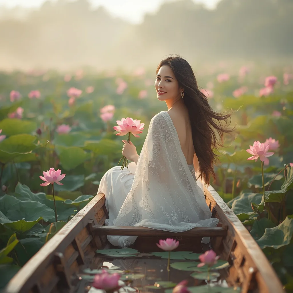 Dreamy Ethereal Woman in a Serene Lotus Boat Scene – saree look ai prompts – AI generated example