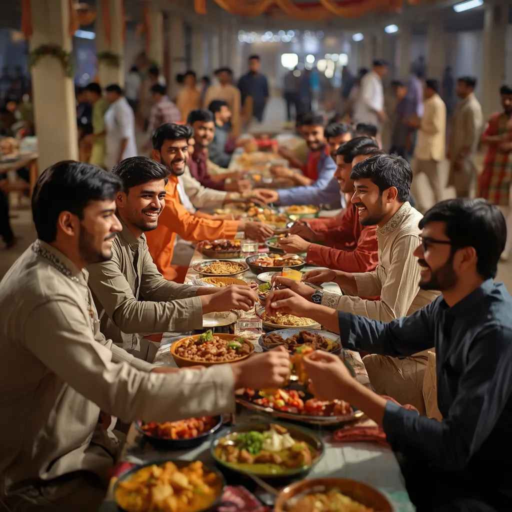 Eid's Community Feast: Men Sharing Food and Laughter – cool boy's ai prompts – AI generated example