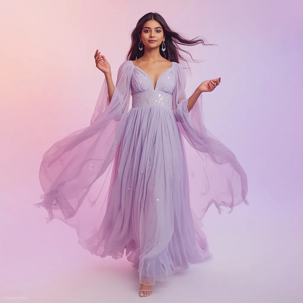 Ethereal Indian Woman in Flowy Pastel Gown, Dreamy Charm – sci-fi fantasy ai prompts – AI generated example
