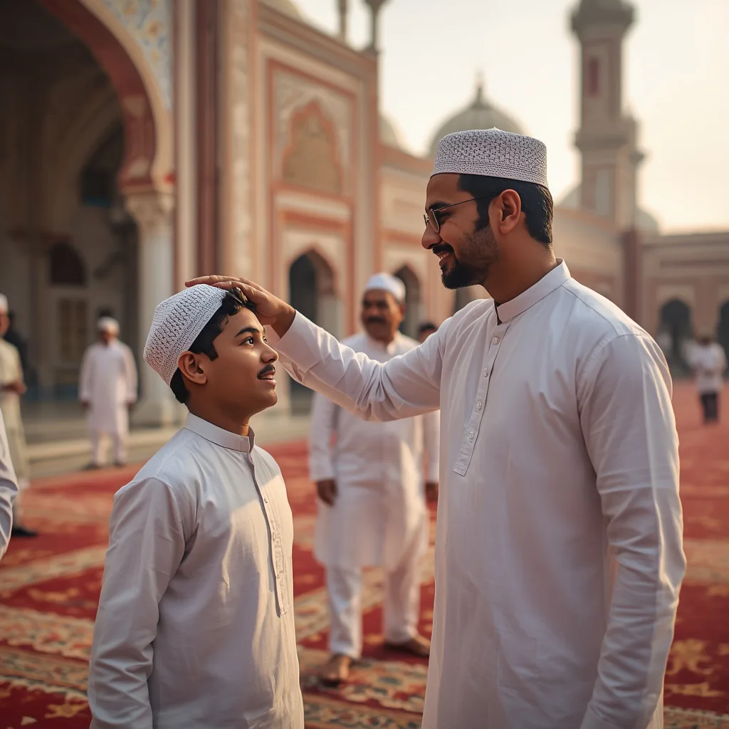Family Eid Blessings: Men and Boys at the Mosque After Prayers – cool boy's ai prompts – AI generated example