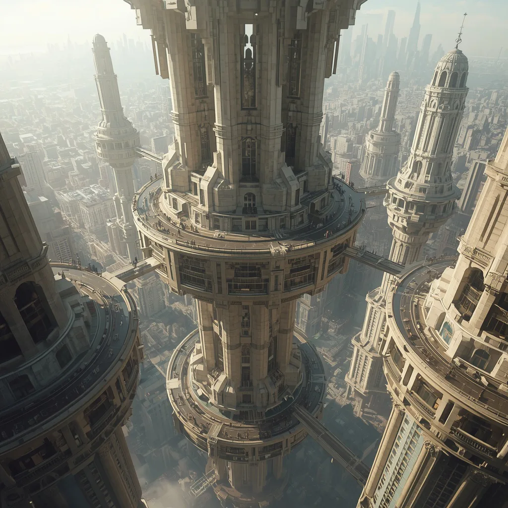 Floating Multi Gravity Architecture Fields With Vertical City Layer Rotation System – neon-lit rainy ai prompts – AI generated example