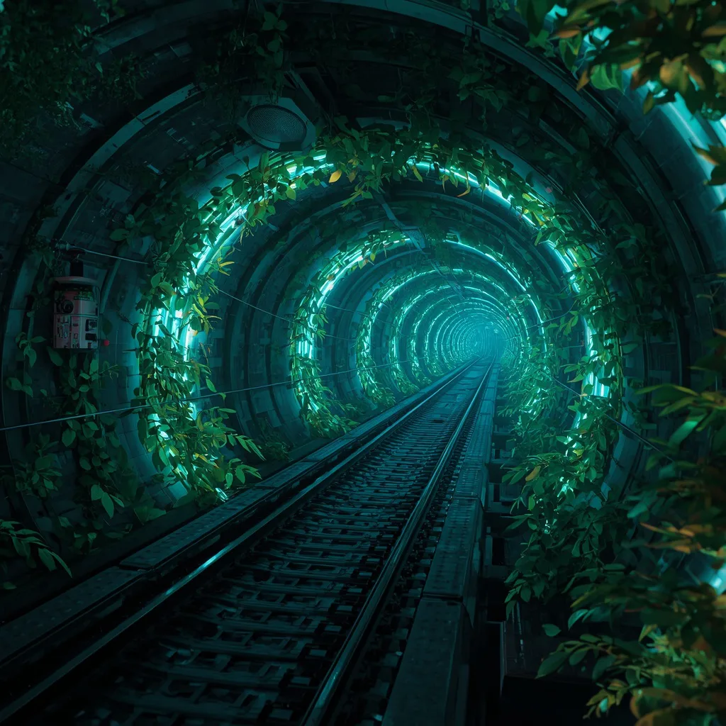 Futuristic Neon Jungle Underground Metro System With Living Tunnel Ecosystem – neon-lit rainy ai prompts – AI generated example