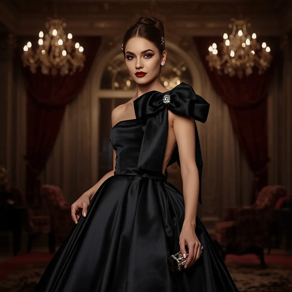 Gala Ready: A Woman in a Sophisticated Black Ball Gown with Bow Detail – women's art deco AI prompts – AI generated example