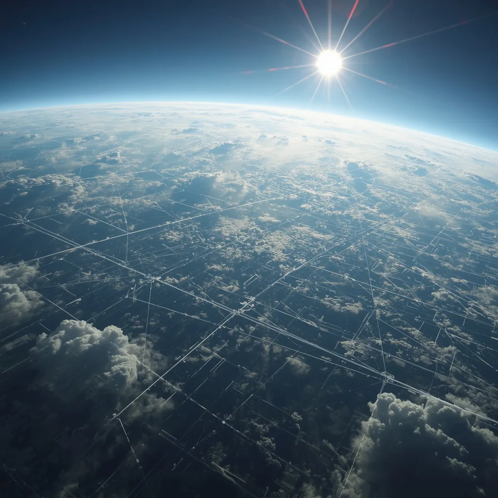 Global Air Purification Atmospheric Mesh With Planetary Respiratory System Network – neon-lit rainy ai prompts – AI generated example