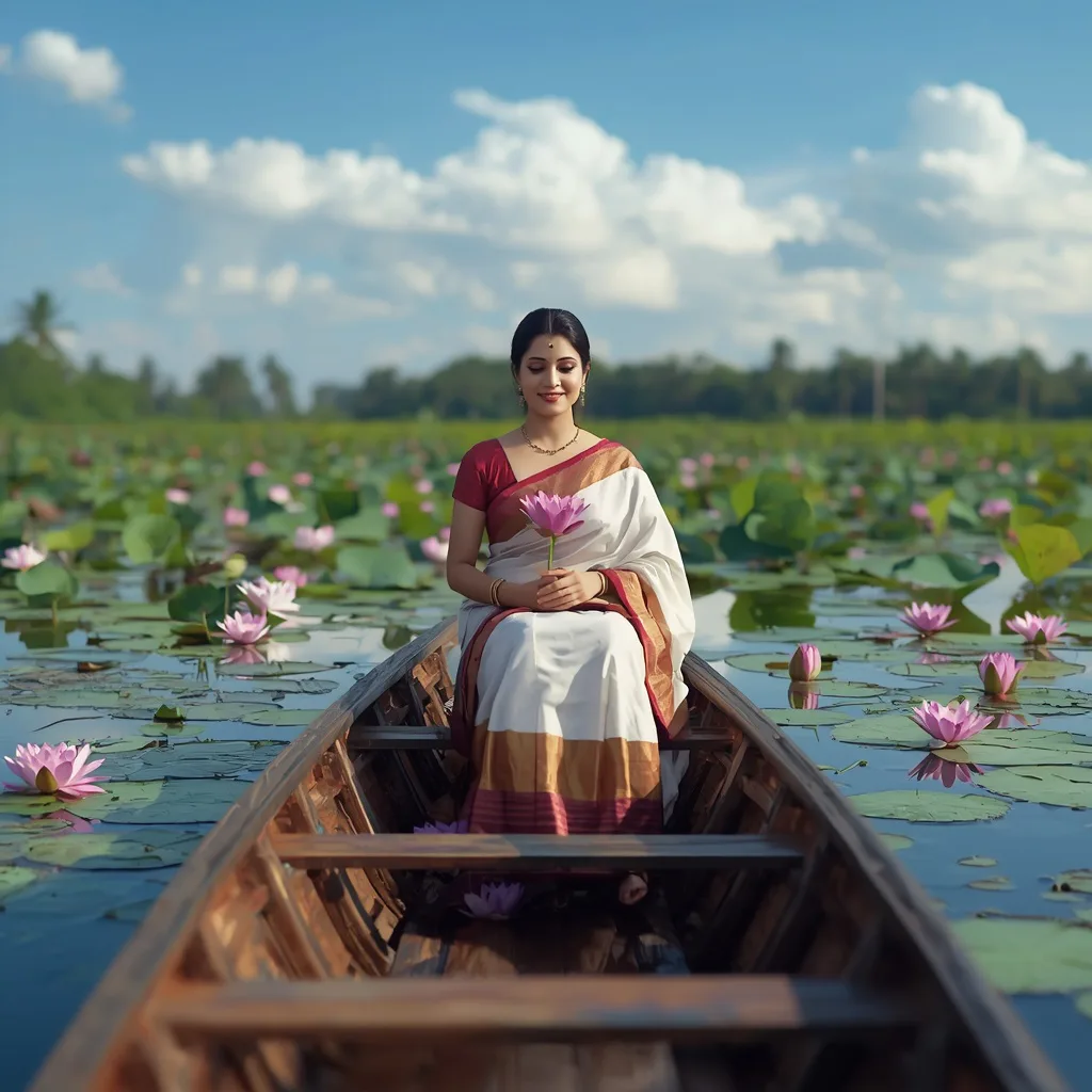 Graceful Woman in Saree on a Calm Lotus Lake – saree look ai prompts – AI generated example