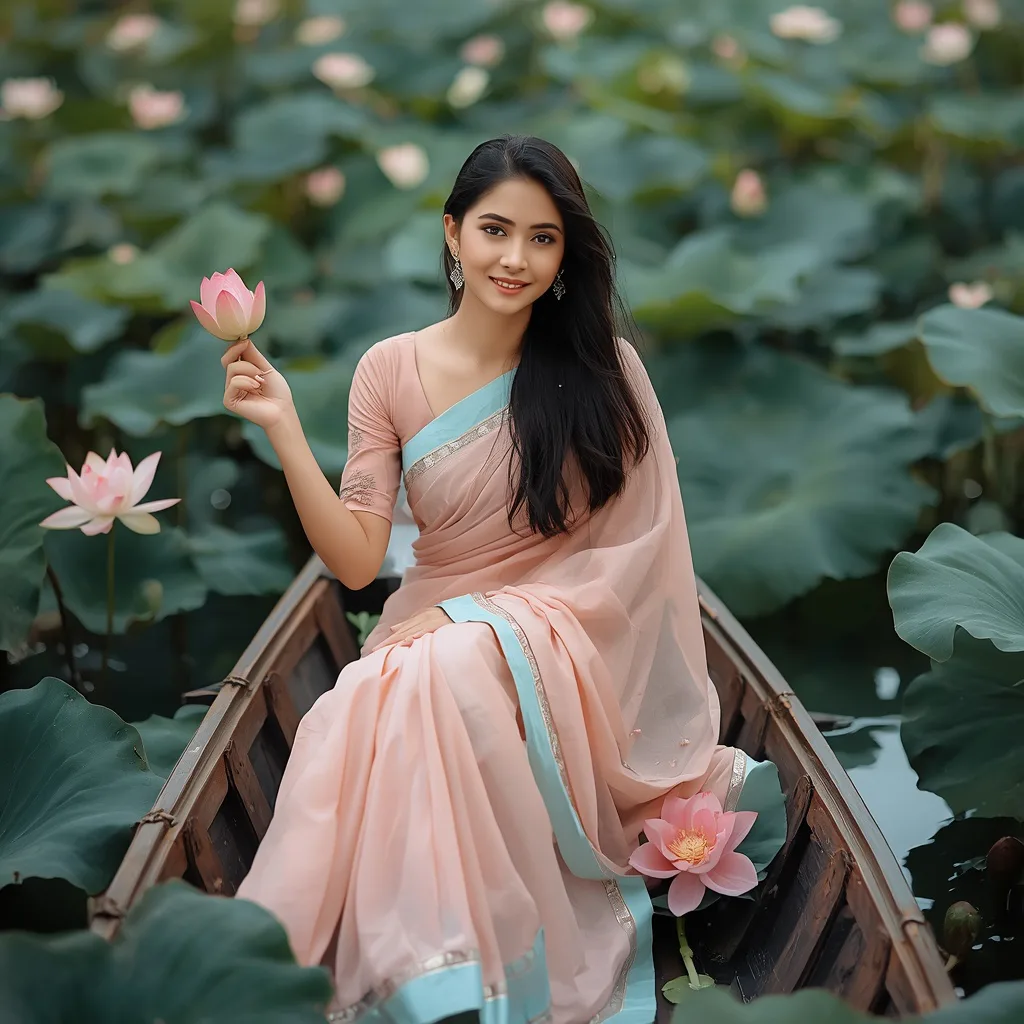 Graceful Young Woman in Pink Saree in a Lotus Pond – saree look ai prompts – AI generated example