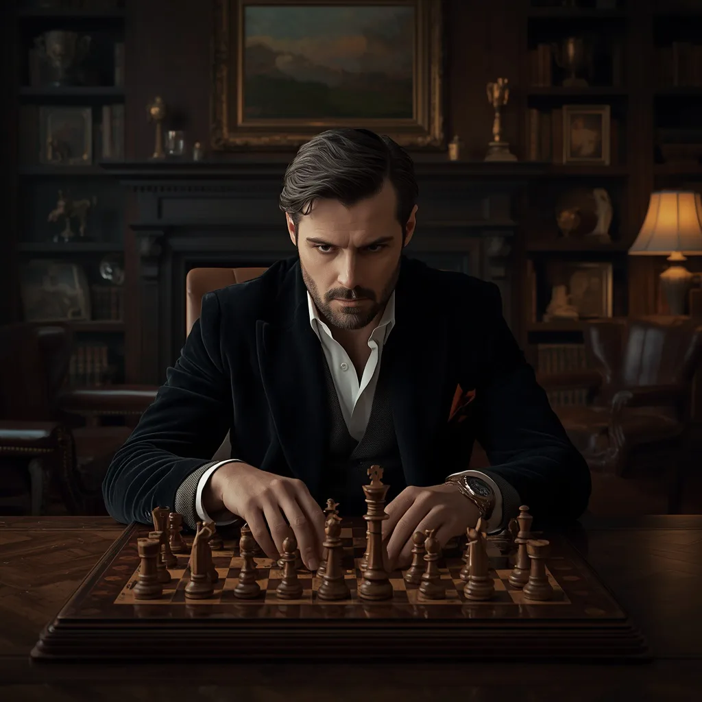 Handsome Man as a Chess Grandmaster in a Classic Study – influencer men's ai prompts – AI generated example