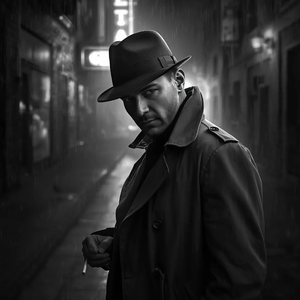 Handsome Man as a Gritty Detective in a Film Noir Setting – influencer men's ai prompts – AI generated example