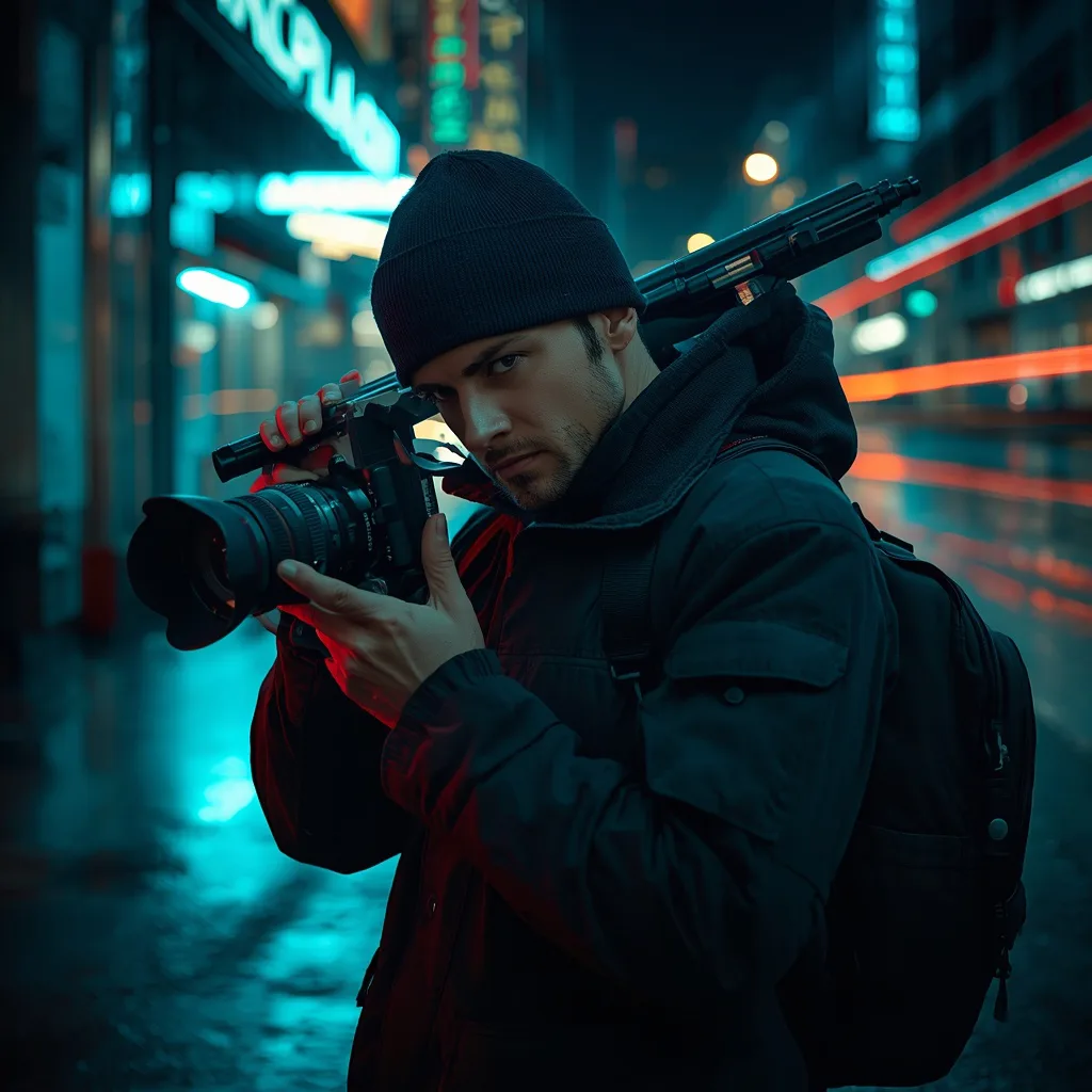 Handsome Man as a Gritty Urban Photographer at Night – influencer men's ai prompts – AI generated example
