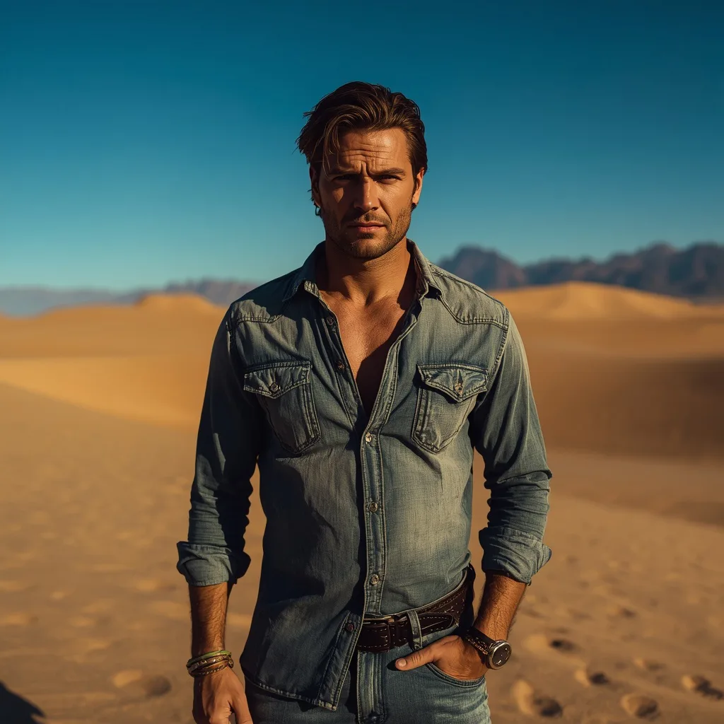 Handsome Man in a Desert Landscape with Stark Shadows – influencer men's ai prompts – AI generated example
