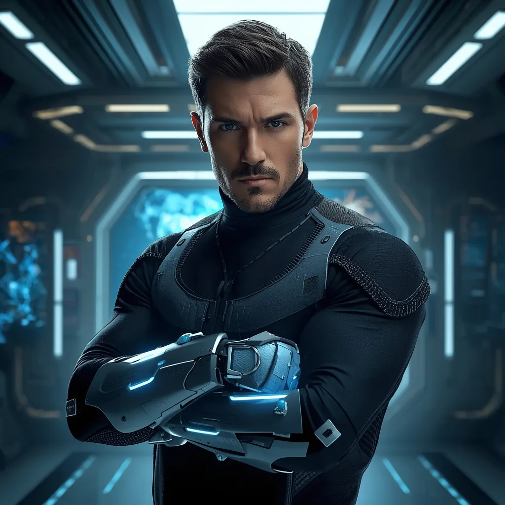 Handsome Man with a Cybernetic Arm in a Futuristic Lab – influencer men's ai prompts – AI generated example