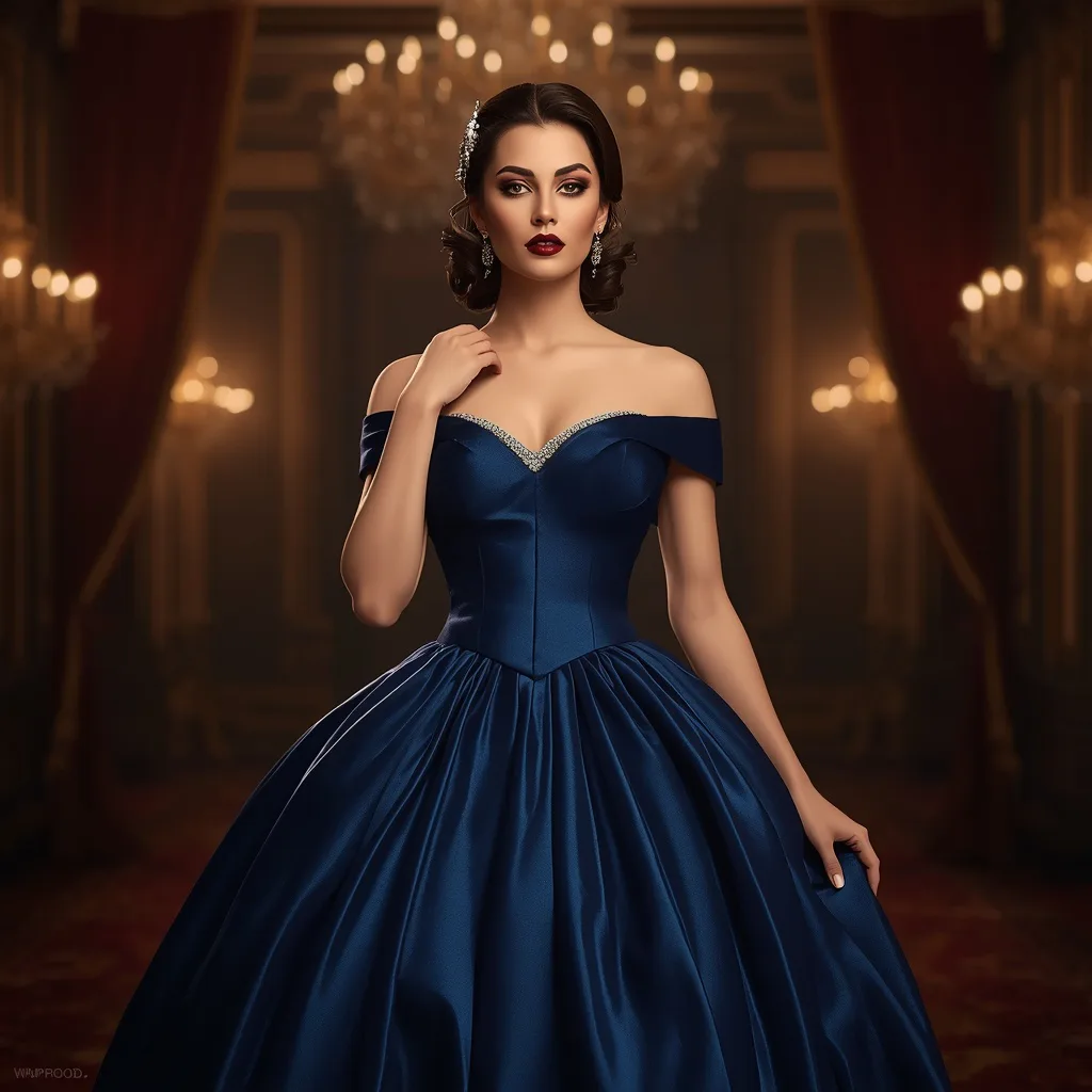 Hollywood Royalty: A Woman in a Regal Off-Shoulder Ball Gown – women's art deco AI prompts – AI generated example