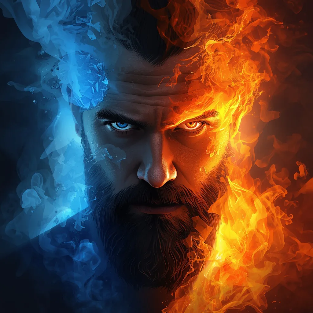 Hyperrealistic Digital Painting of a Powerful Man of Fire and Ice – influencer men's ai prompts – AI generated example