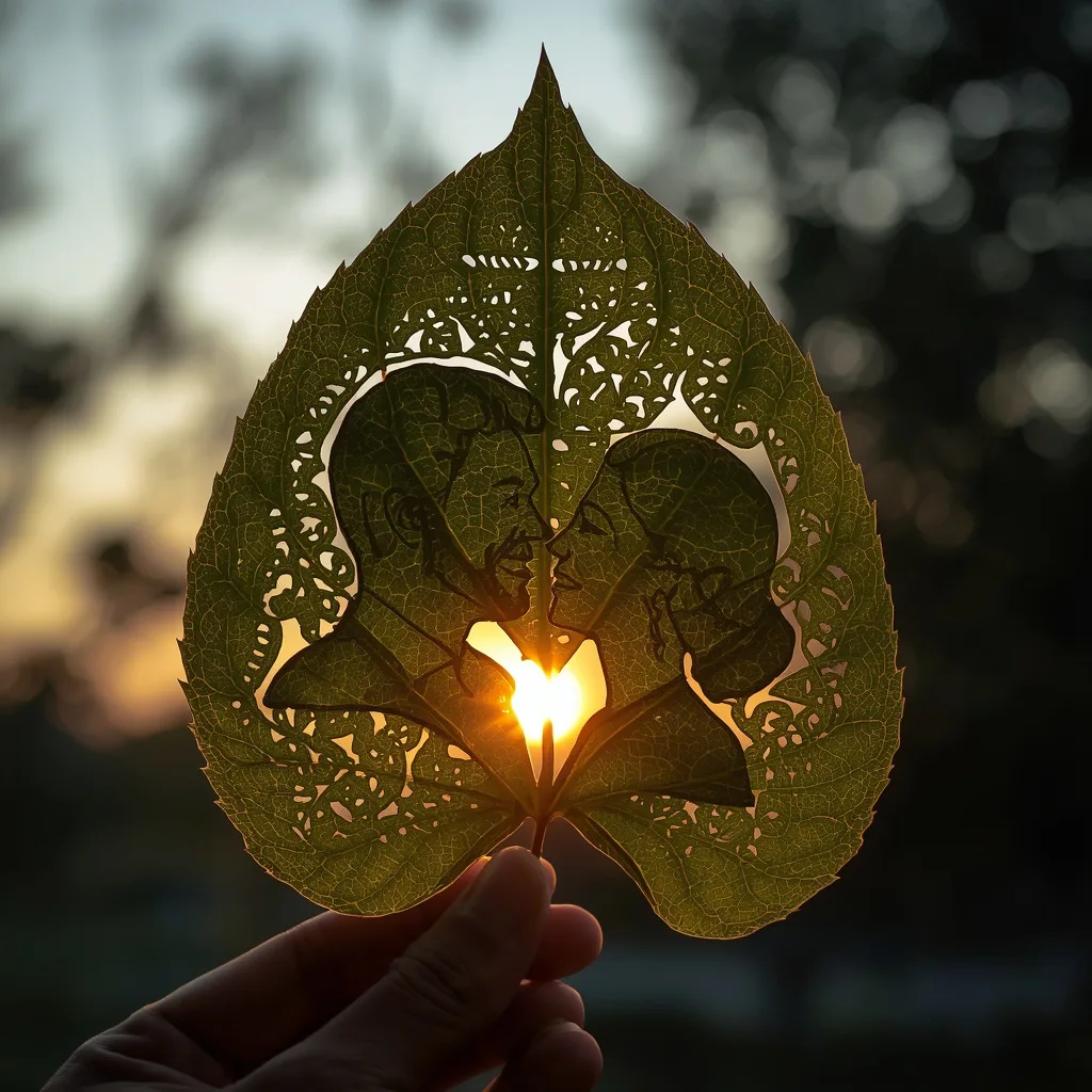 Intricate Leaf-Cut Artwork: Romantic Couple Silhouette Against Sunset – playful couple ai prompts – AI generated example