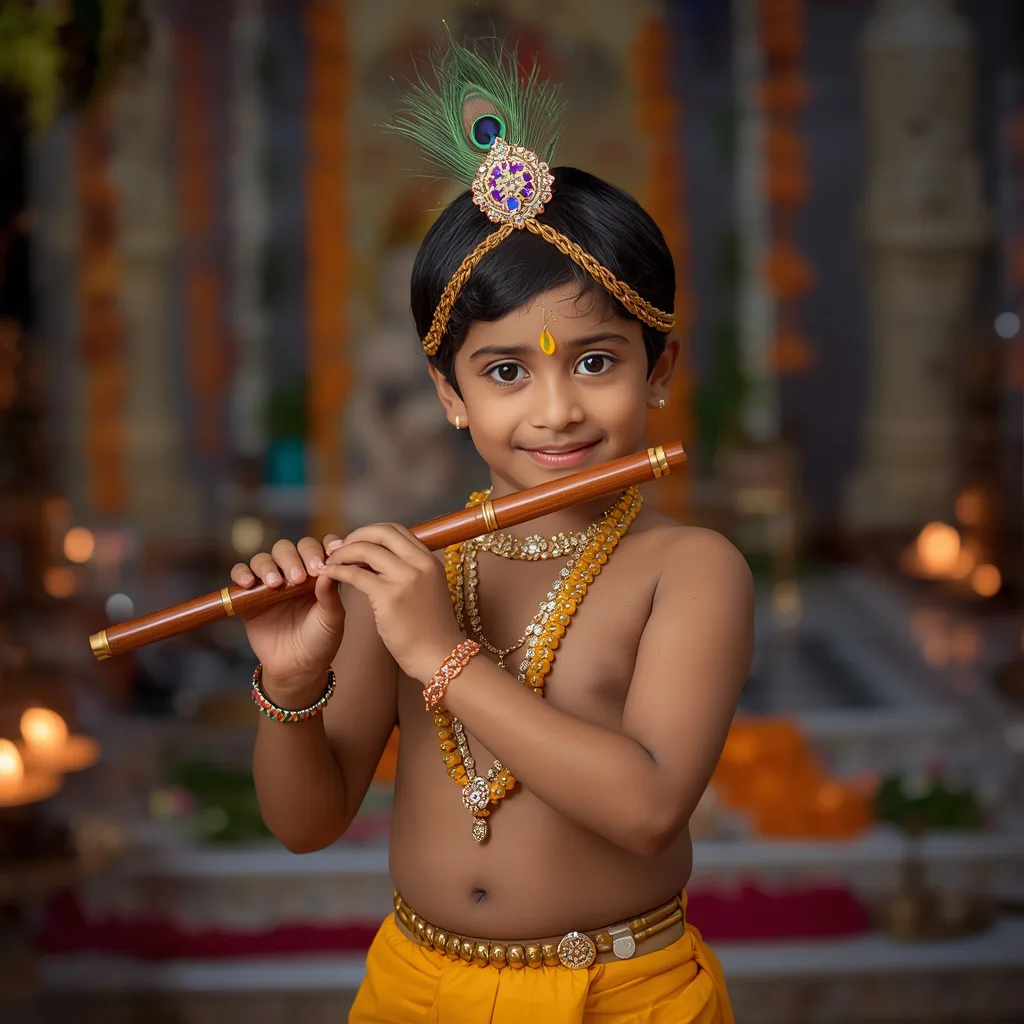 Krishna's Divine Play: Young Boy Dressed as Krishna with Flute – cool boy's ai prompts – AI generated example