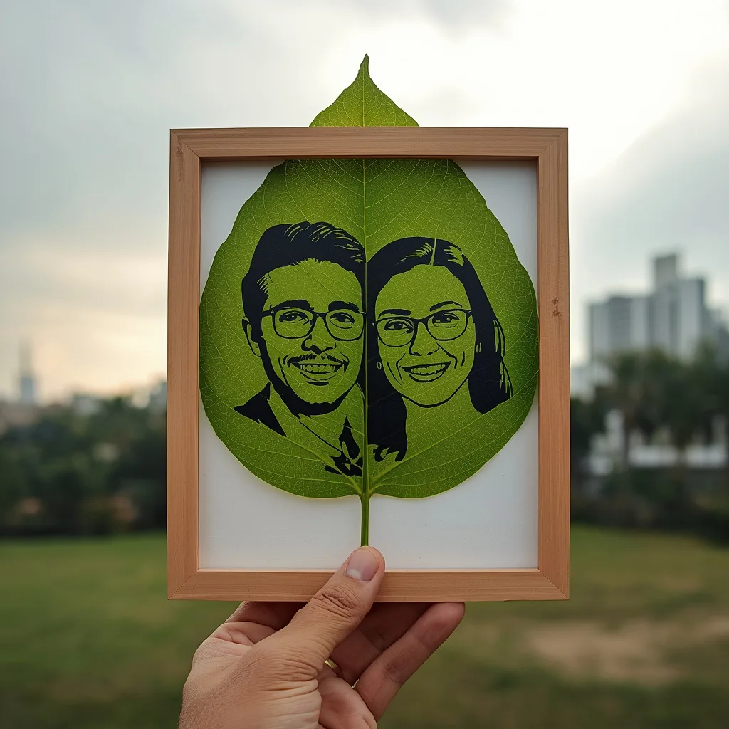 Leaf Art Portrait: Couple's Stencil on a Framed Peepal Leaf – playful couple ai prompts – AI generated example