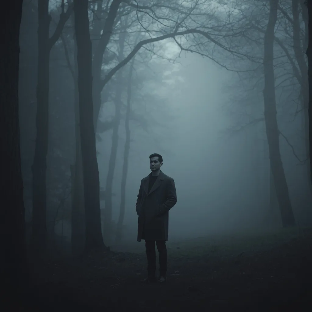 Man in a Pensive Moment in a Foggy Forest – influencer men's ai prompts – AI generated example