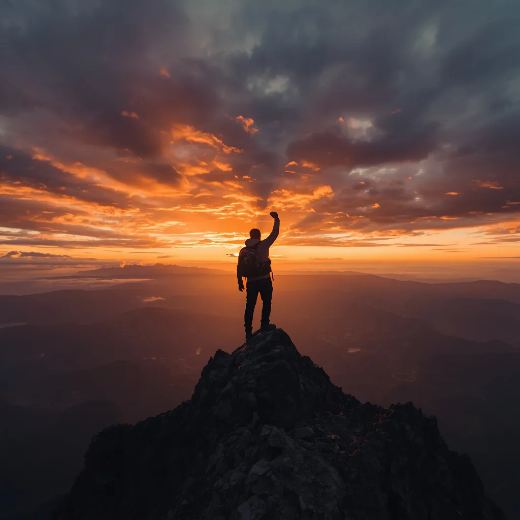 Man Standing Heroically on a Mountain Peak at Sunrise – influencer men's ai prompts – AI generated example