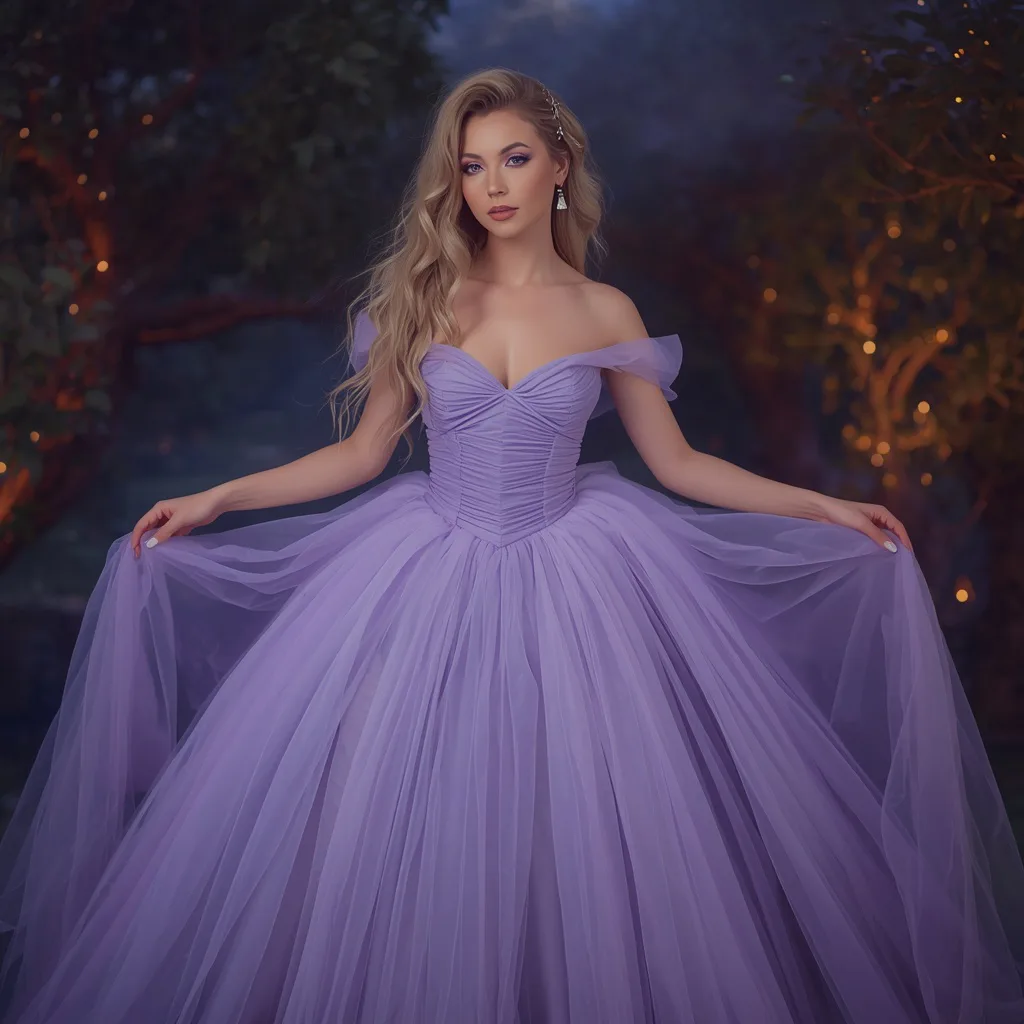 Modern Fairytale Enchantress: A Woman in a Lavender Organza Ball Gown – women's art deco AI prompts – AI generated example