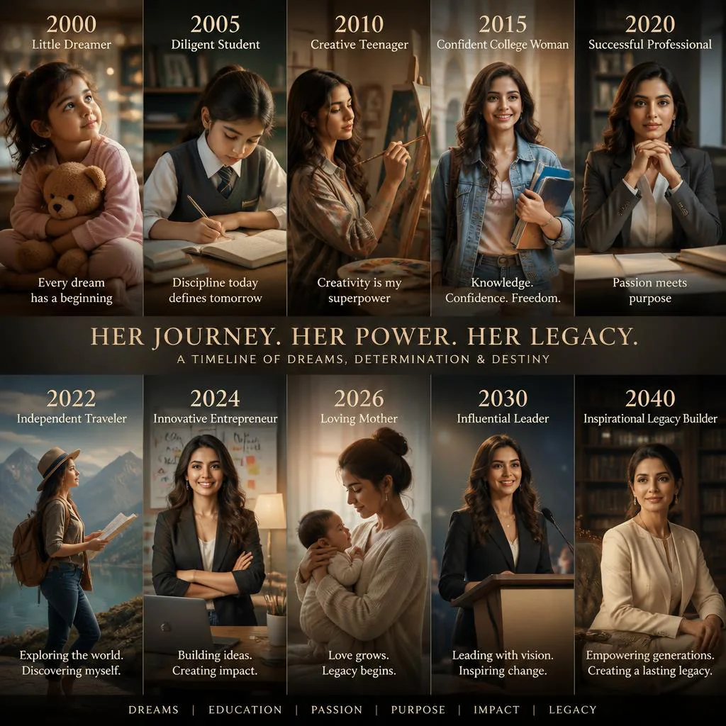 Modern Girl Evolution: From Childhood Dreams to Global Success – artistic girls ai prompts – AI generated example