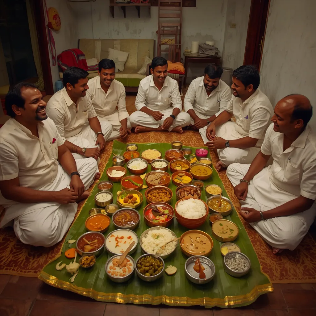 Onam Sadhya Feast: Male Family Members Enjoying Traditional Meal – cool boy's ai prompts – AI generated example