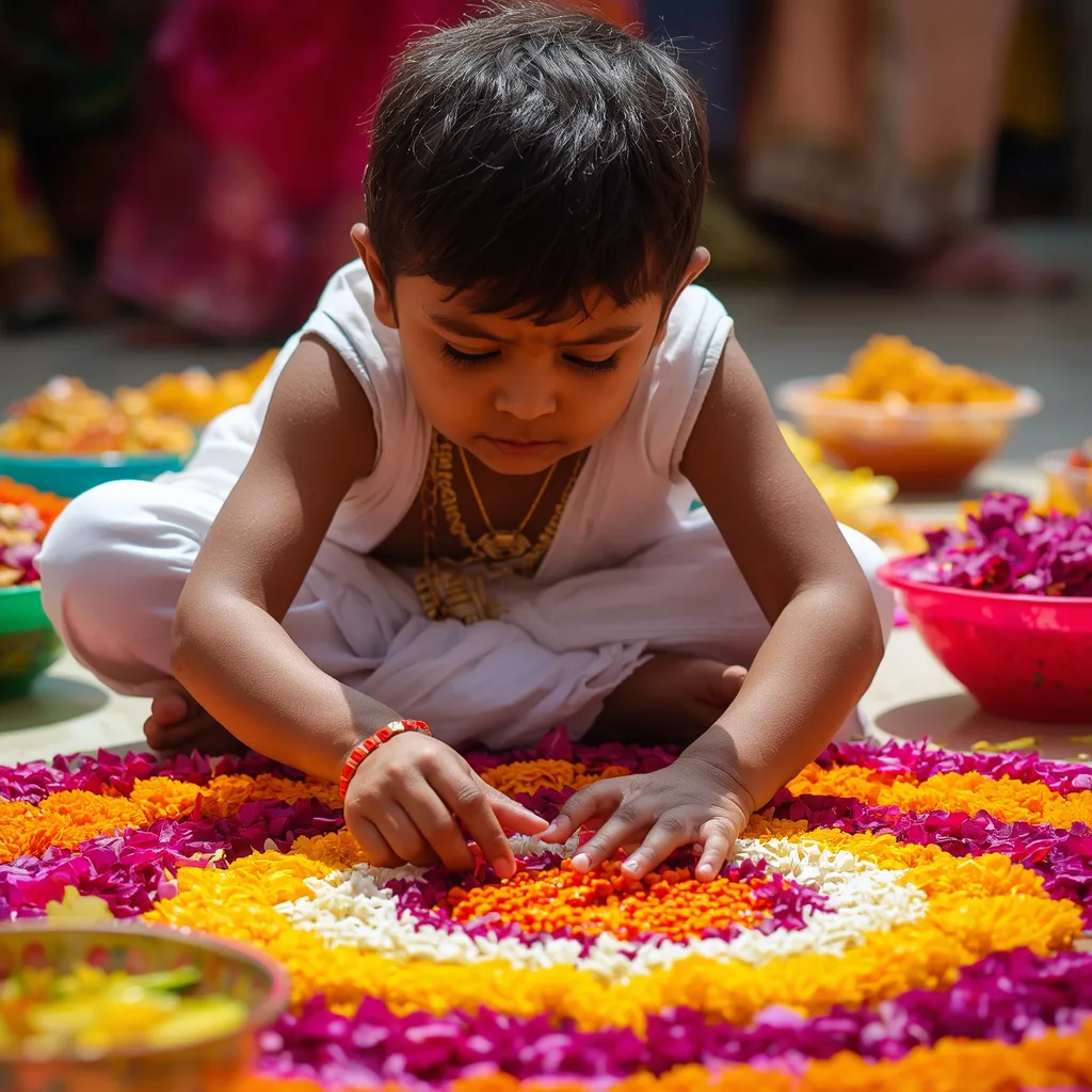 Onam's Floral Carpet: A Boy's Artistic Contribution to Pookalam – cool boy's ai prompts – AI generated example