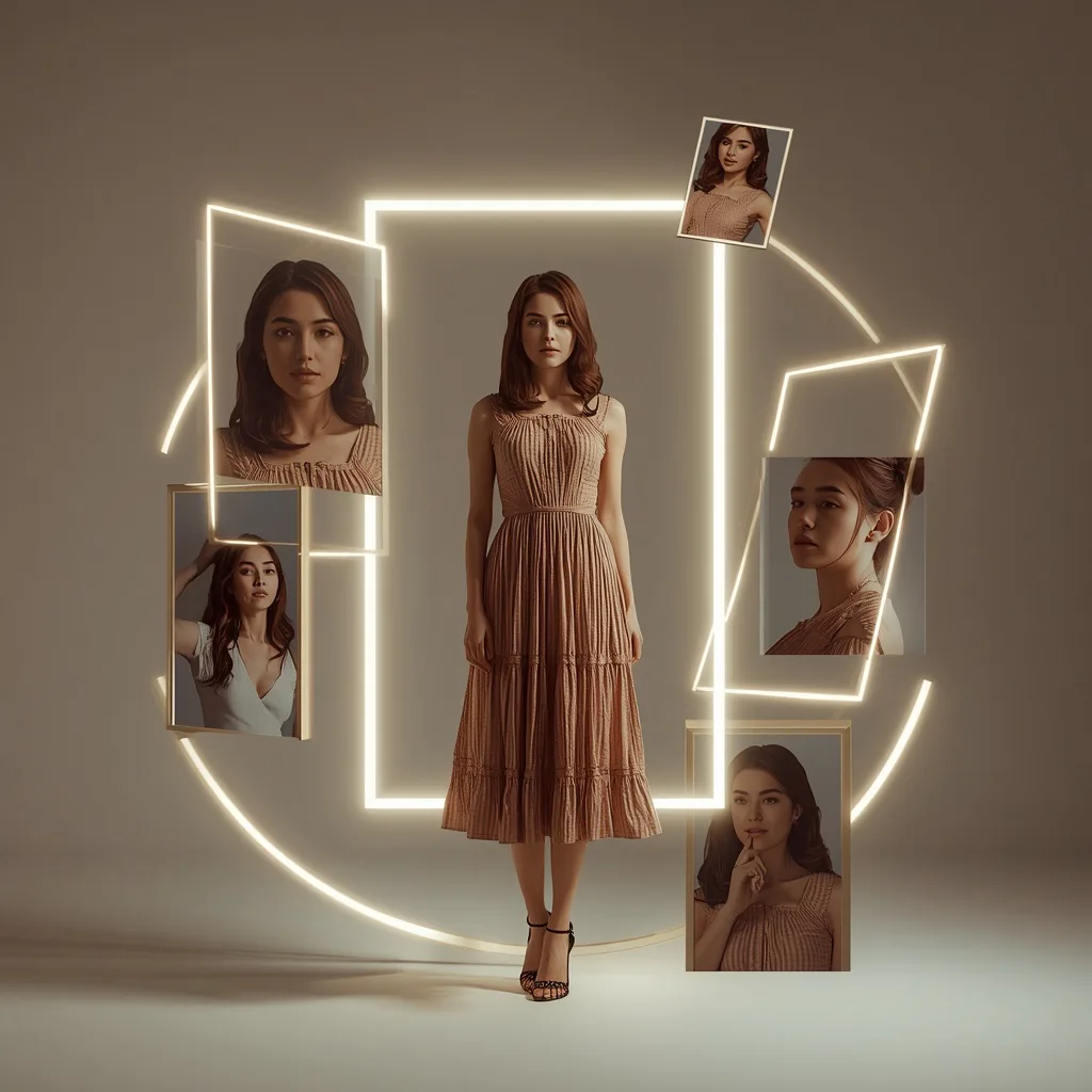 Orbiting Rectangular Frames Around Woman in Western Dress – sci-fi fantasy ai prompts – AI generated example