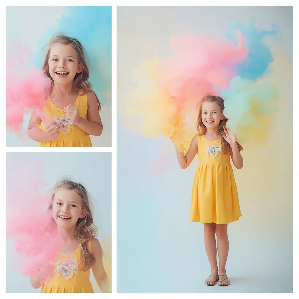 Playful Girl: Collage with Pastel Smoke Bomb Effects – artistic girls ai prompts – AI generated example