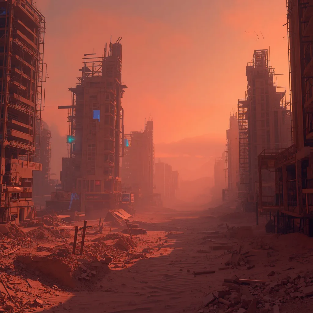 Post Apocalyptic Neon Desert City Reclaimed By Digital Sand Intelligence Systems – neon-lit rainy ai prompts – AI generated example
