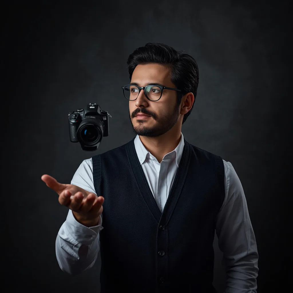 Professional Studio Portrait of a Magician Photographer Levitation – influencer men's ai prompts – AI generated example