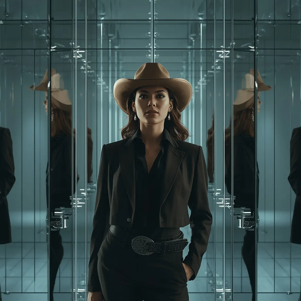 Reflective Panes: Western Woman Framed by Structured Glass Grids – sci-fi fantasy ai prompts – AI generated example