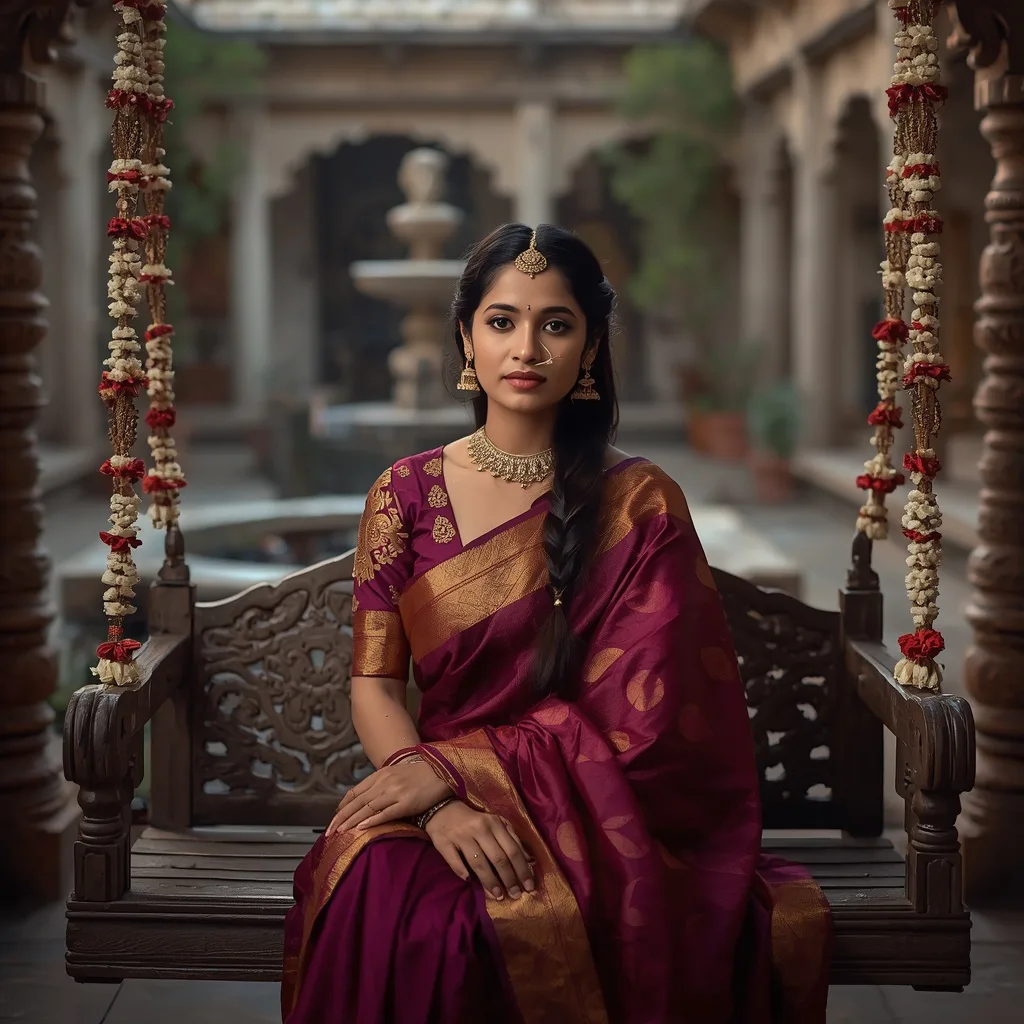 Regal Presence: A Beautiful Indian Woman in a Traditional Setting – saree look ai prompts – AI generated example