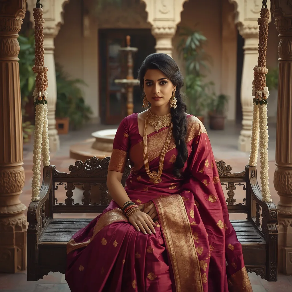 Regal Presence: A Beautiful Indian Woman in a Traditional Setting – saree look ai prompts – AI generated example