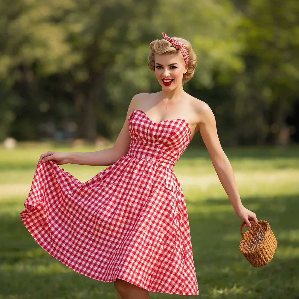 Retro Pin-Up Charm: A Woman in a Gingham Print Swing Dress – women's art deco AI prompts – AI generated example