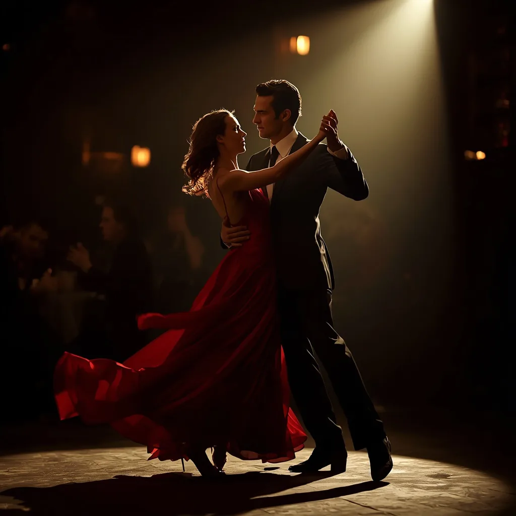 Romantic Couple Dancing Tango in a Dimly Lit Bar with Dramatic Spotlight – playful couple ai prompts – AI generated example