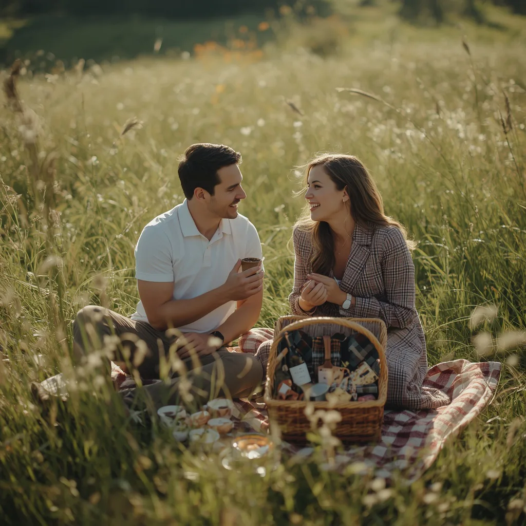 Romantic Couple Enjoying a Picnic in a Sunny Meadow with a Quaint Basket – playful couple ai prompts – AI generated example